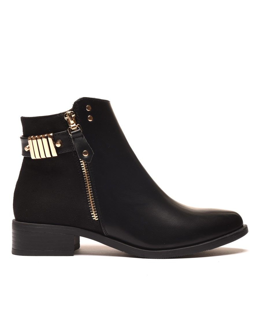 Bottines noires plates bi matières avec détails à l'arrière