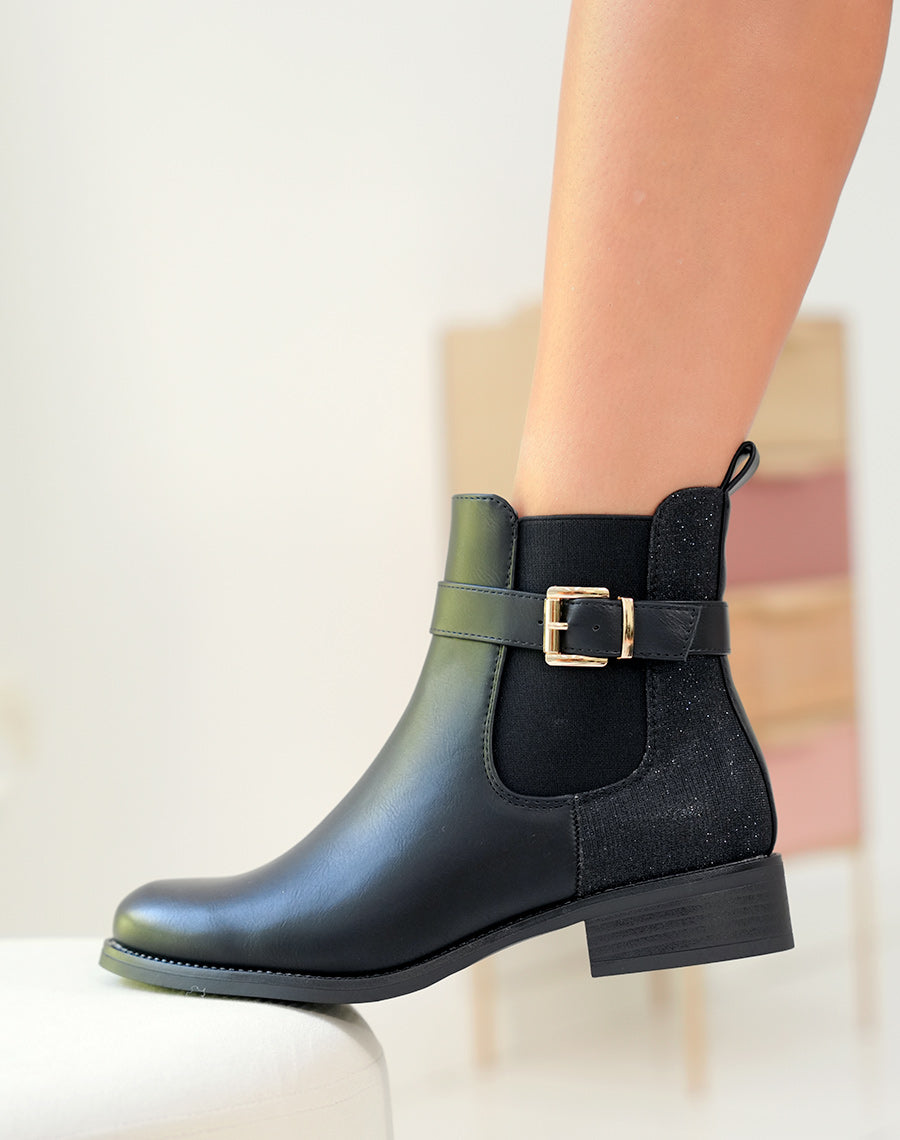 BOTTINES NOIRES STYLE CHELSEA AVEC LANIÈRE DORÉE ET EFFET BRILLANT
