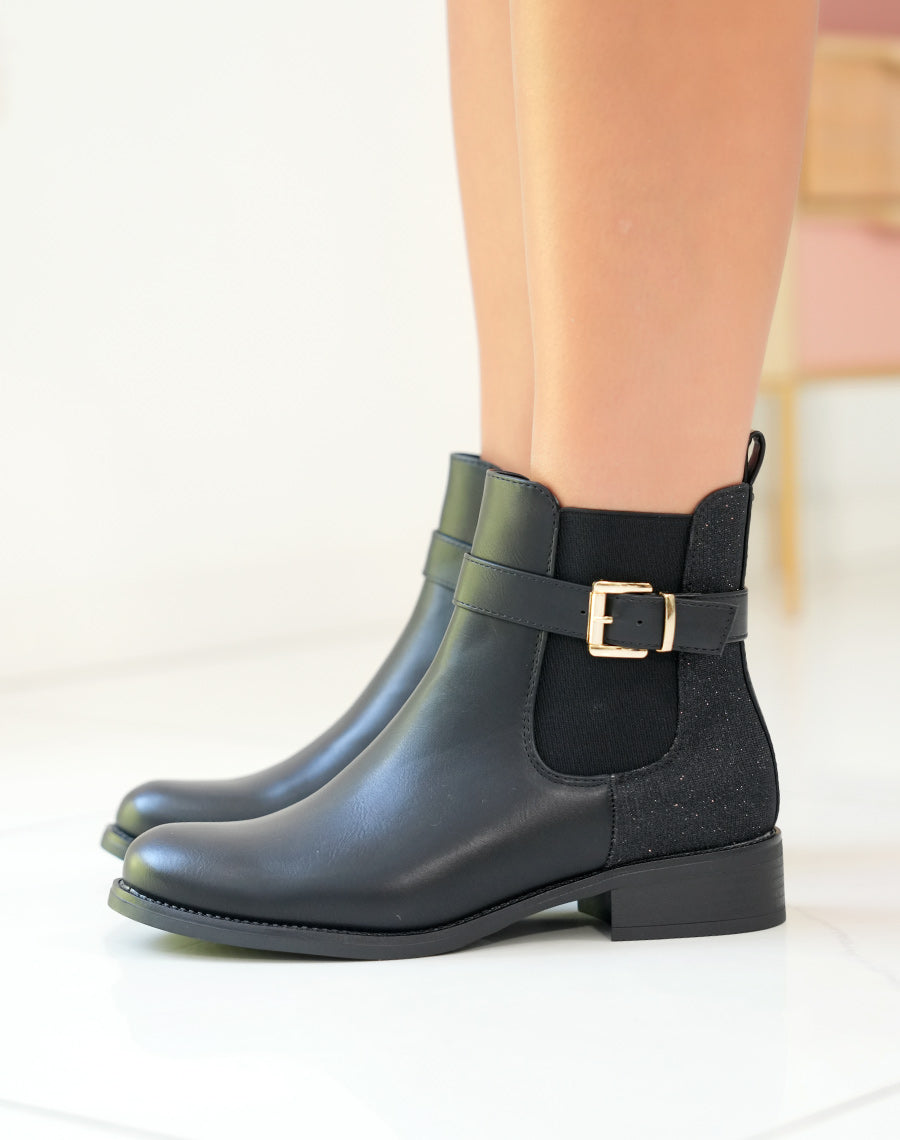 BOTTINES NOIRES STYLE CHELSEA AVEC LANIÈRE DORÉE ET EFFET BRILLANT