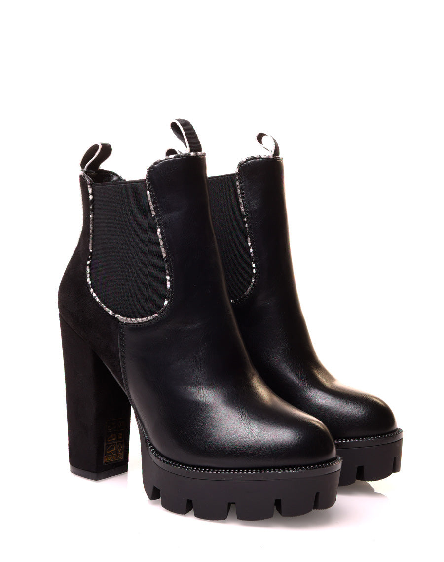 Bottines noires à talon bi-matière détails python