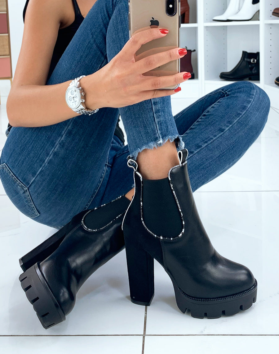 Bottines noires à talon bi-matière détails python