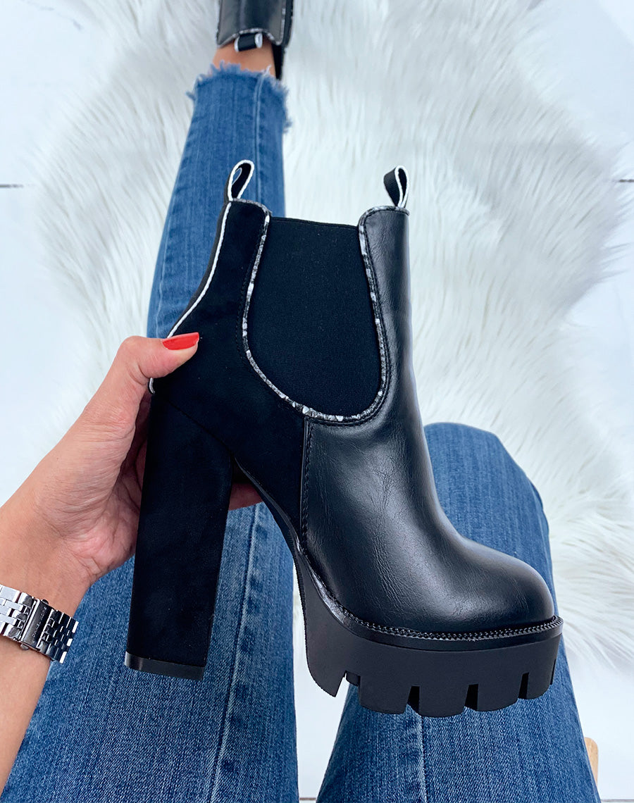Bottines noires à talon bi-matière détails python