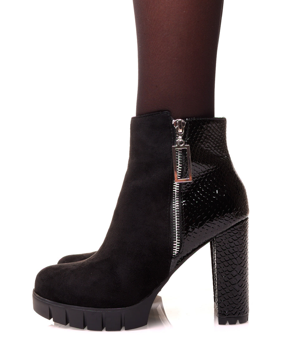Bottines noires à talon bi-matières croco