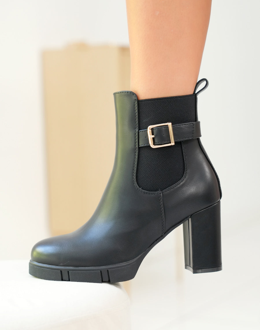 BOTTINES NOIRES ? TALON ? BOUCLE DOR?E