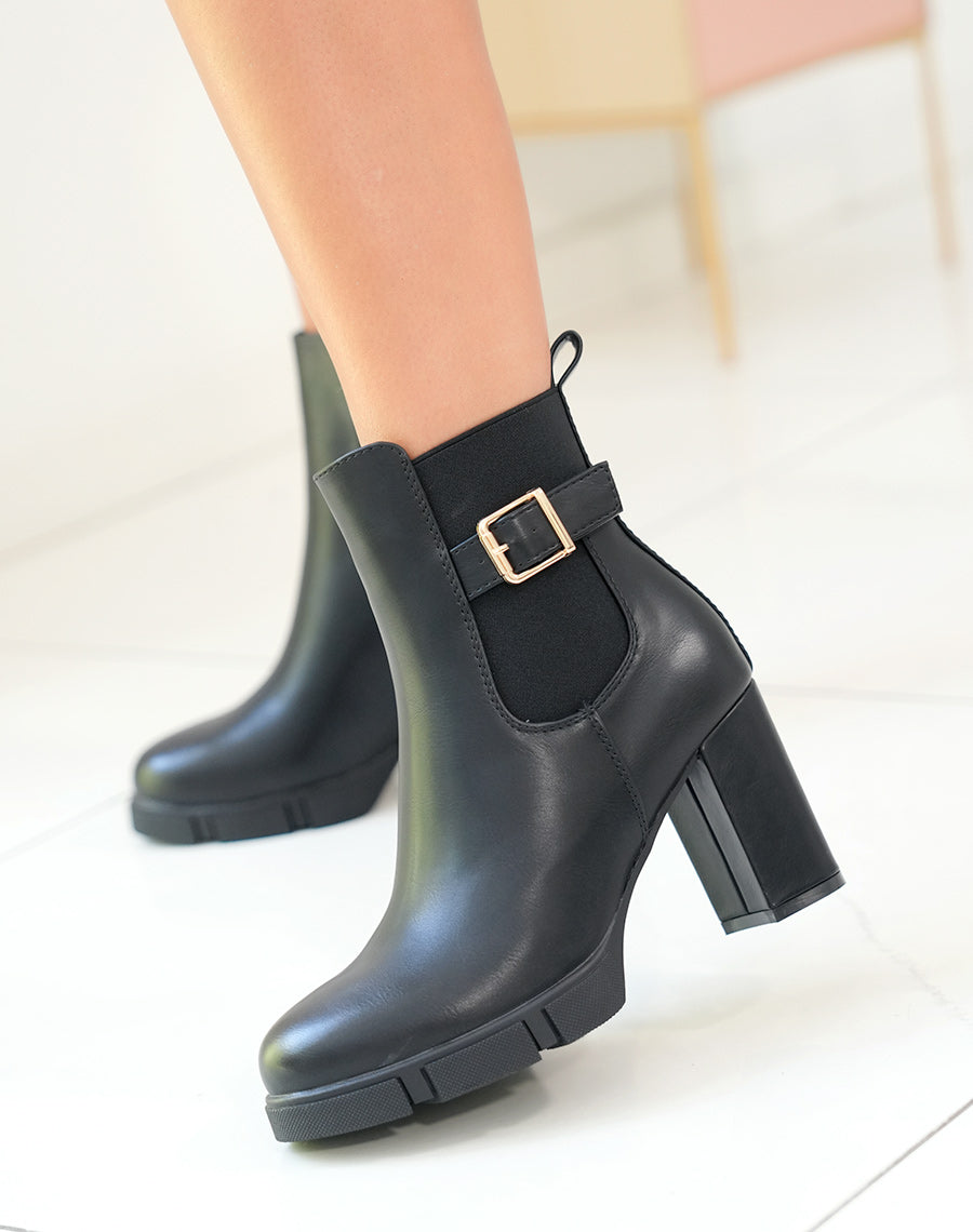 BOTTINES NOIRES ? TALON ? BOUCLE DOR?E