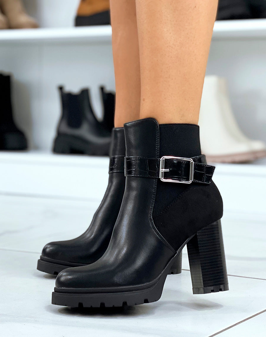 Bottines noires à talon cranté et élastique