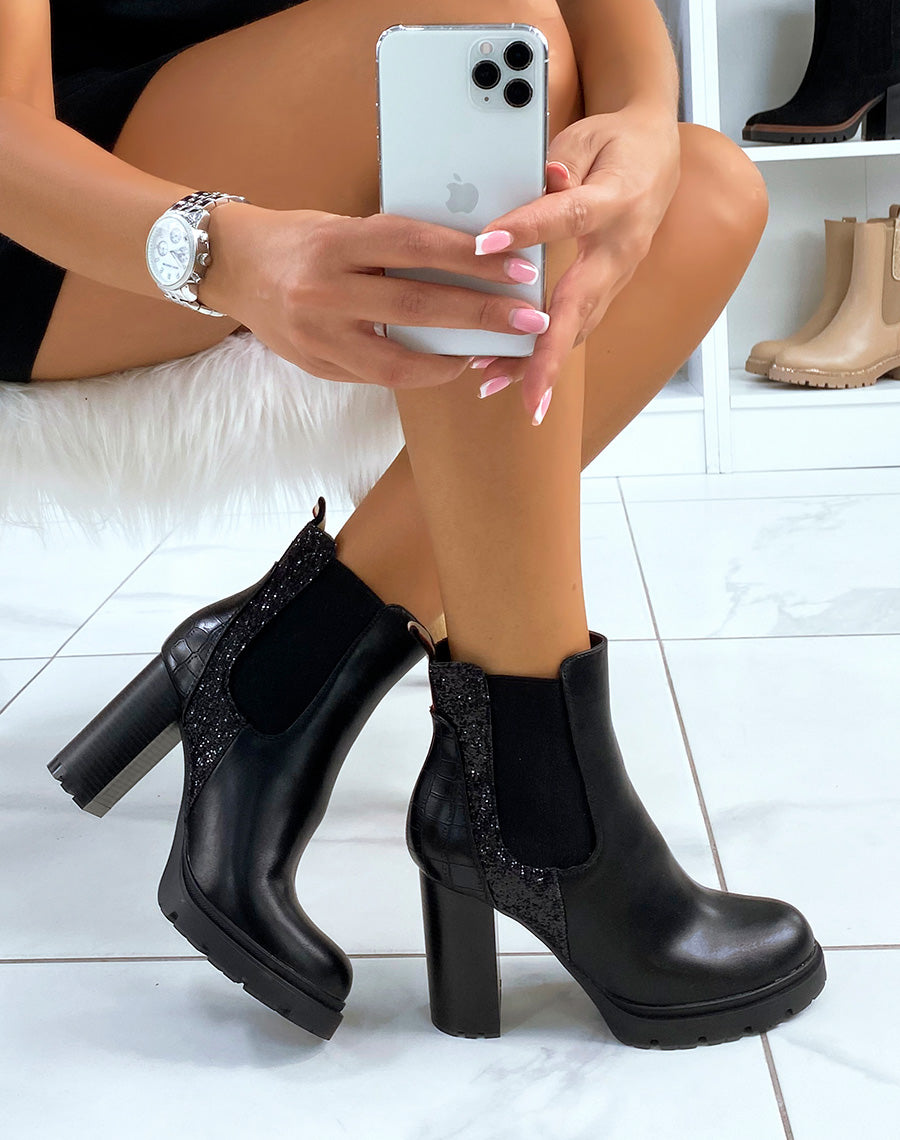 Bottines noires à talon et à multiples effets pailletés et croco