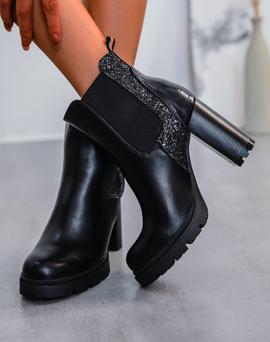 Bottines noires à talon et à multiples effets pailletés et croco