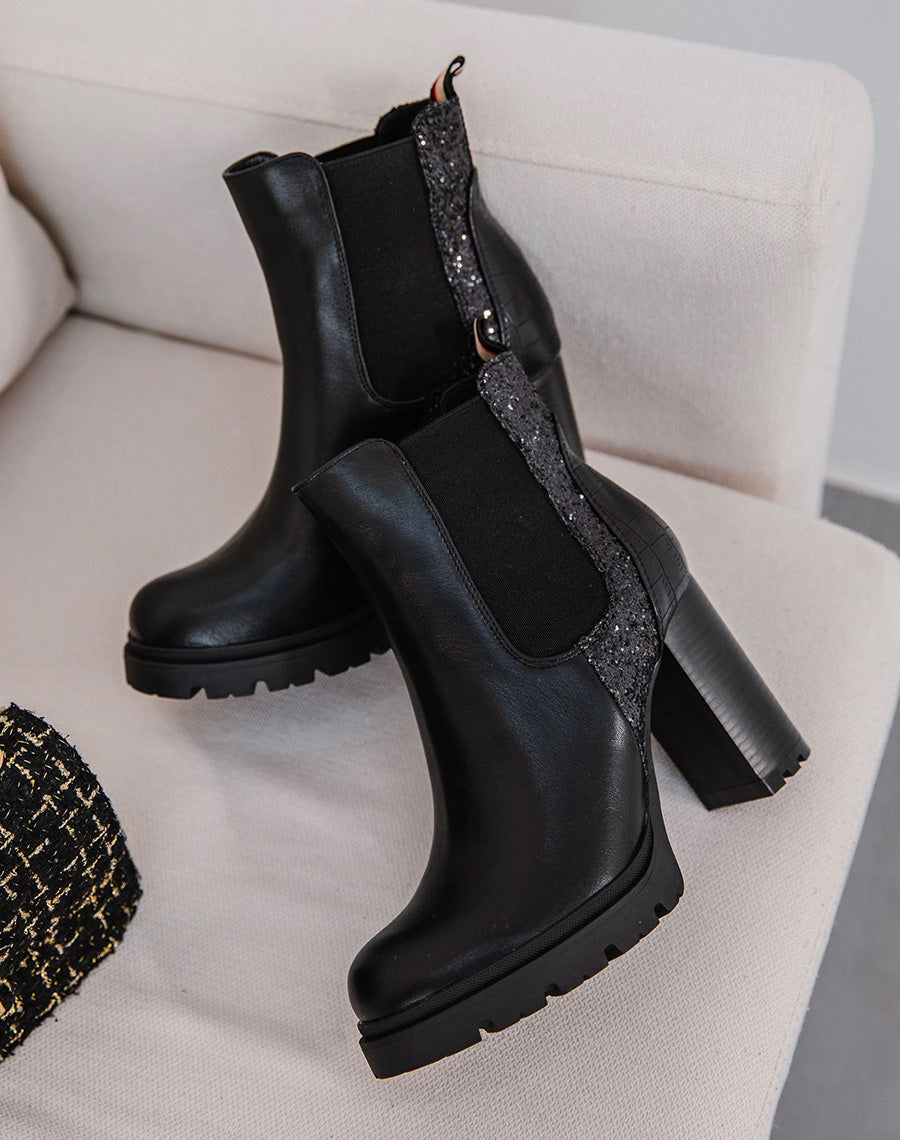 Bottines noires à talon et à multiples effets pailletés et croco