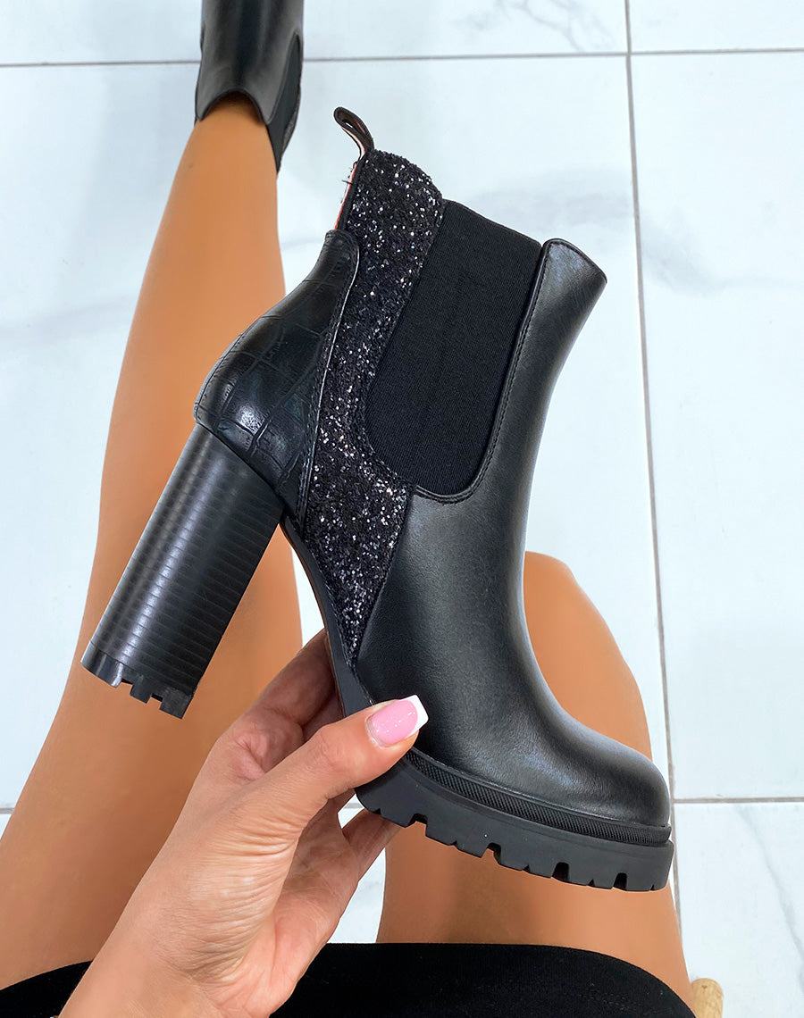 Bottines noires à talon et à multiples effets pailletés et croco