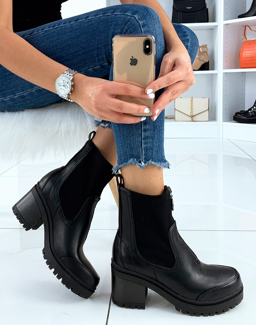 Bottines noires à talon mi-haut à zip