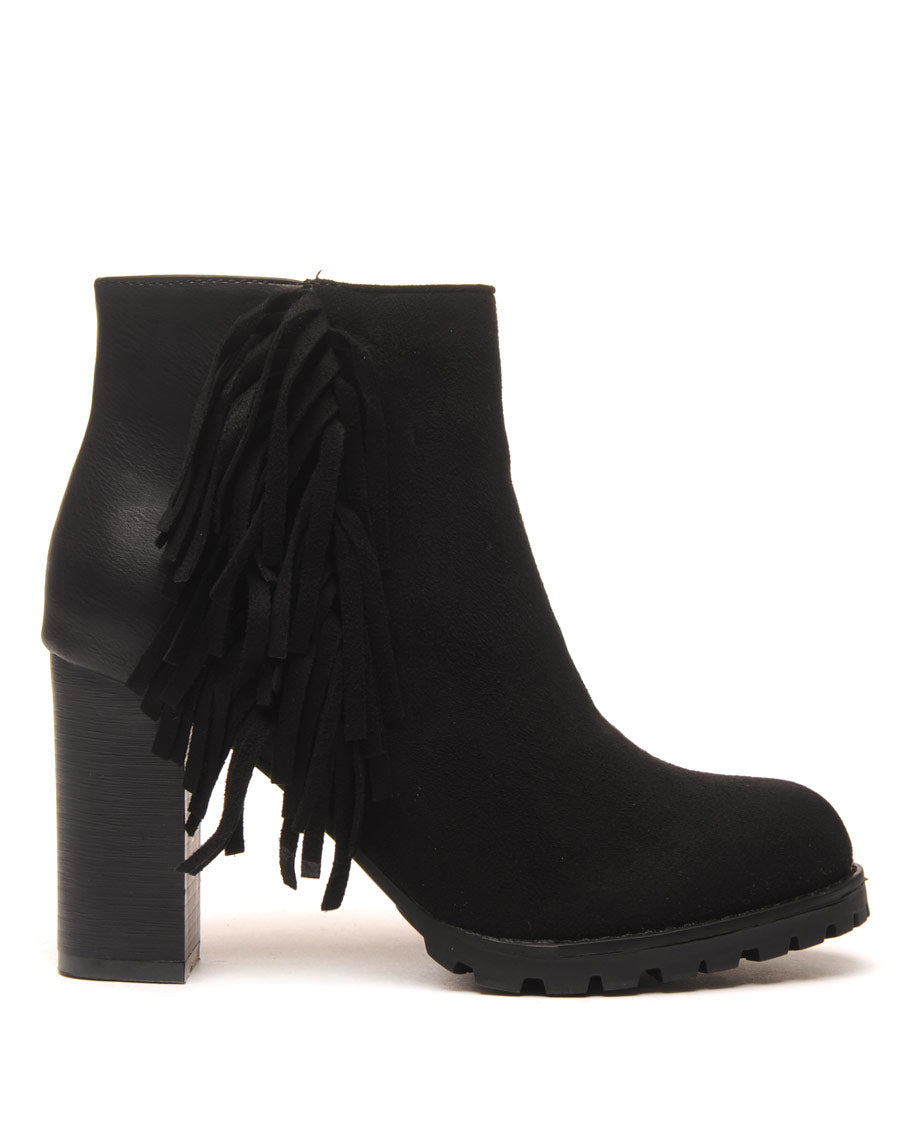 Bottines noires à talons bi-matière avec franges latérales