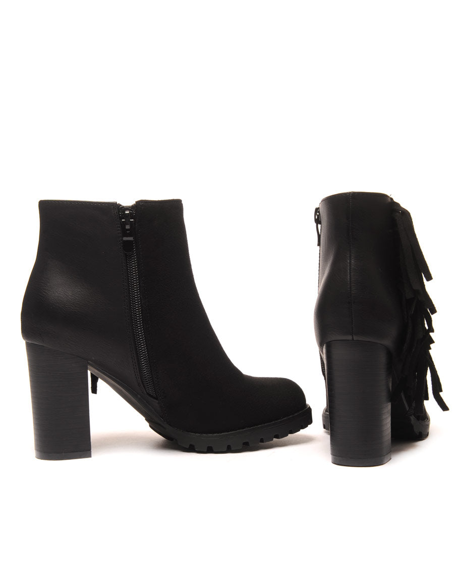 Bottines noires à talons bi-matière avec franges latérales