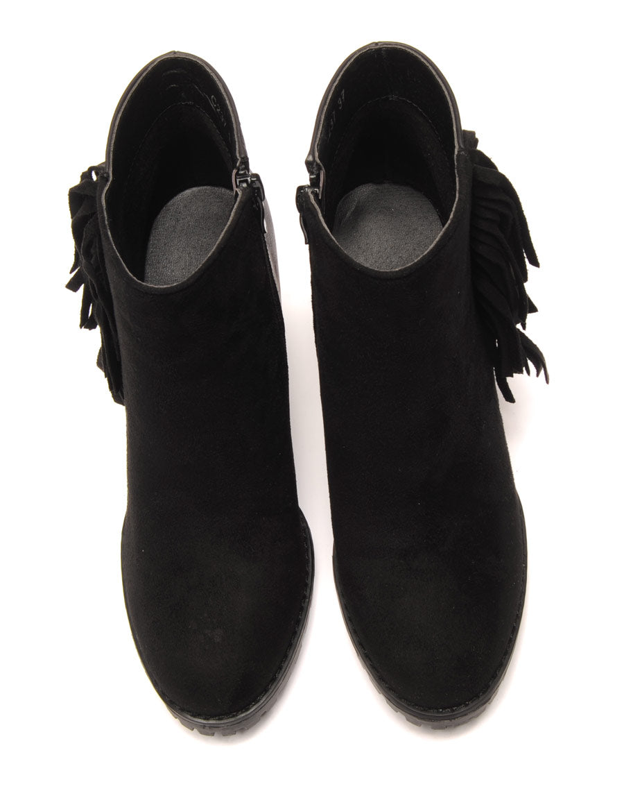 Bottines noires à talons bi-matière avec franges latérales