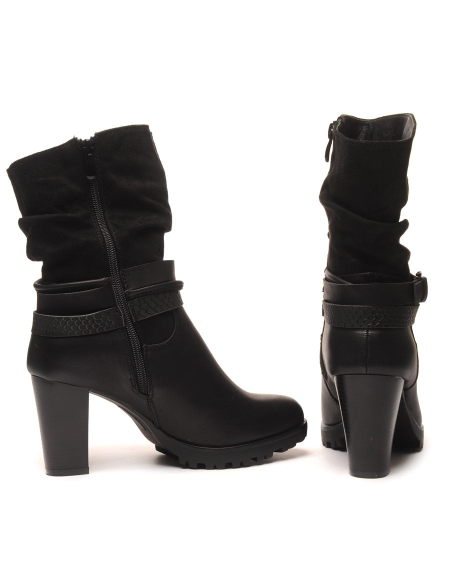 Bottines noires à talons bi-matière double bride