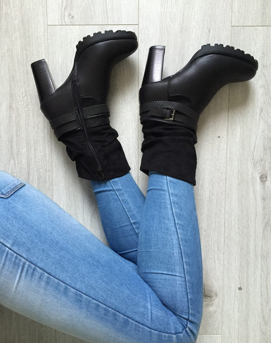 Bottines noires à talons bi-matière double bride