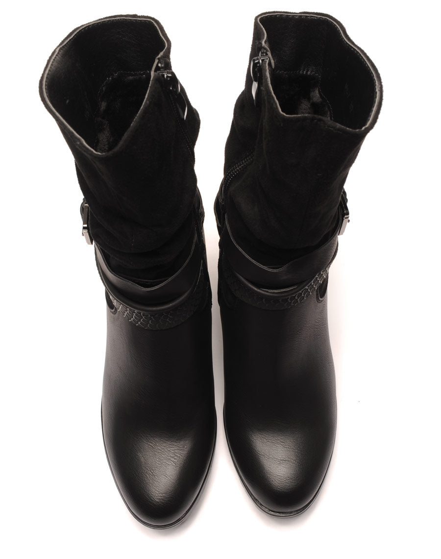 Bottines noires à talons bi-matière double bride
