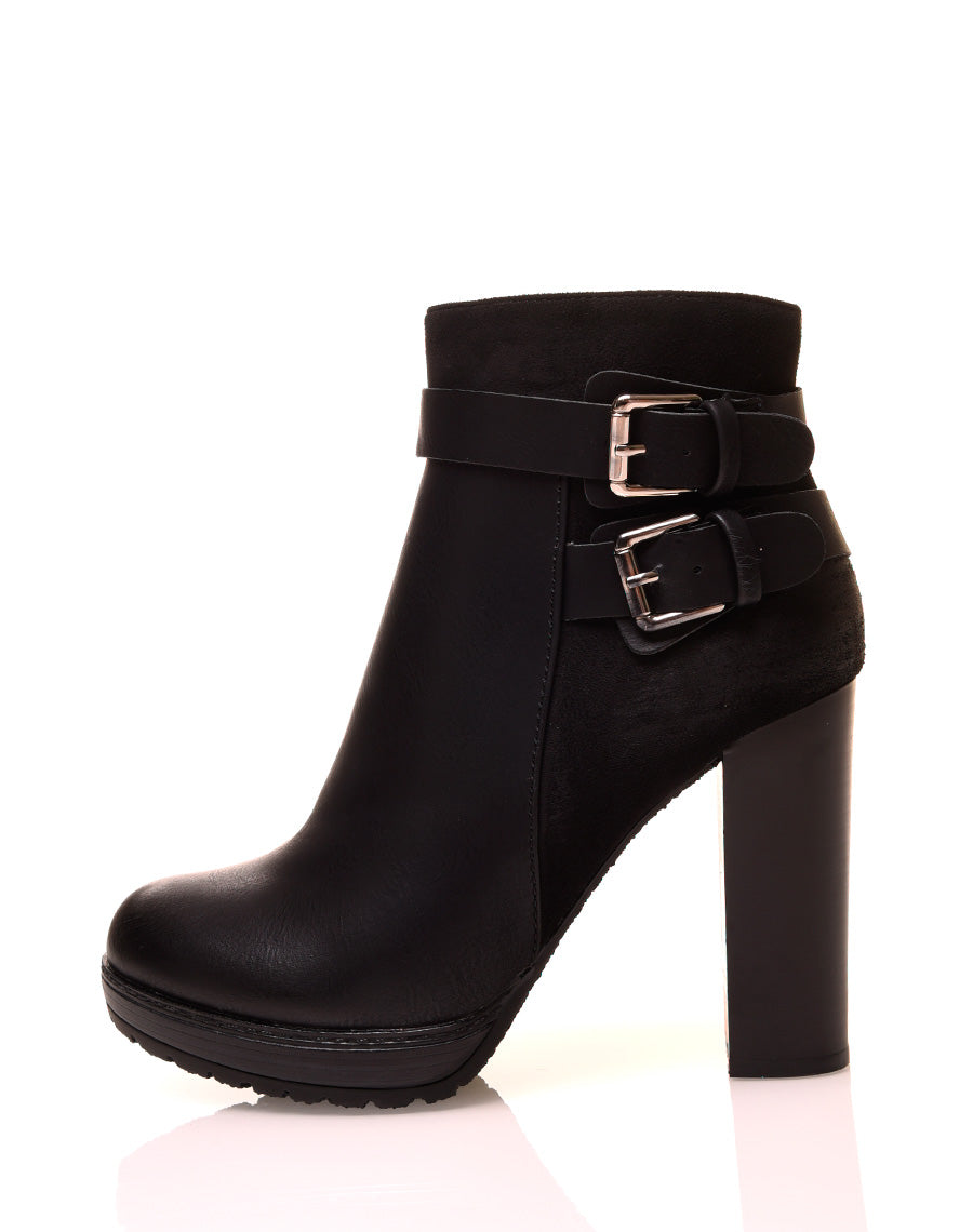 Bottines noires à talons bi-matières