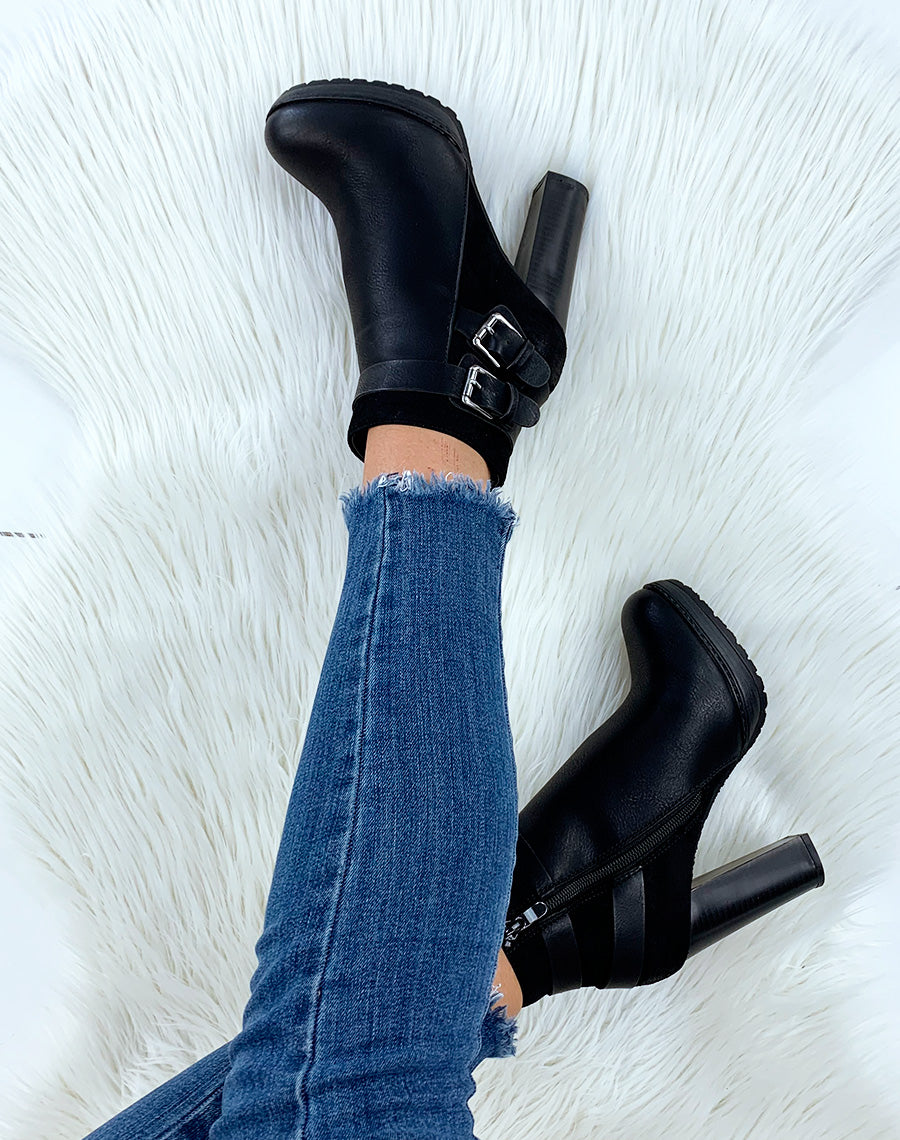 Bottines noires à talons bi-matières