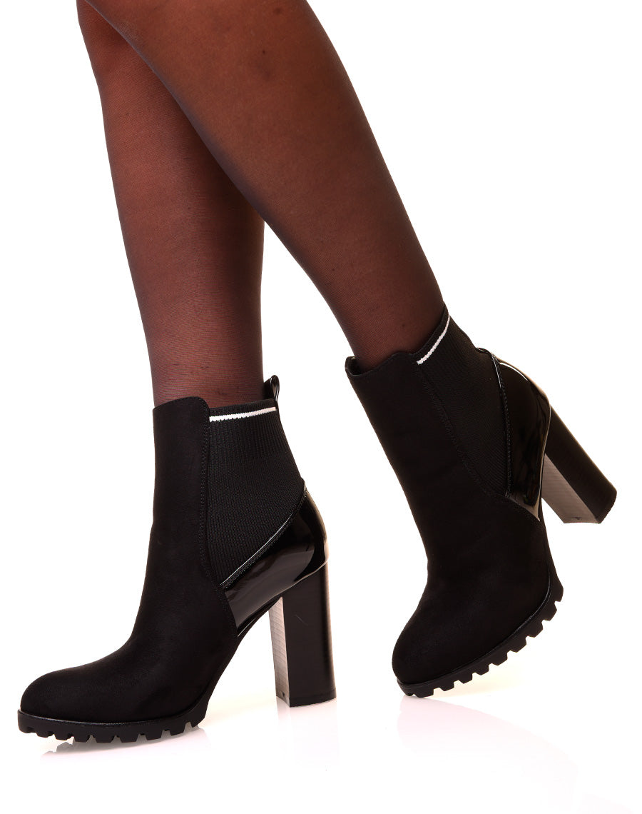 Bottines noires à talons bi-matières à effet chaussette