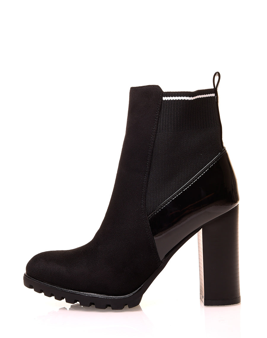 Bottines noires à talons bi-matières à effet chaussette