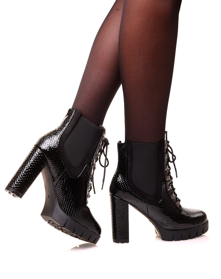Bottines noires à talons bi-matières effet croco verni