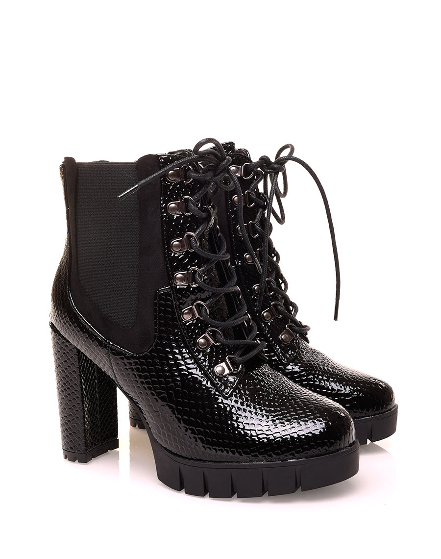 Bottines noires à talons bi-matières effet croco verni