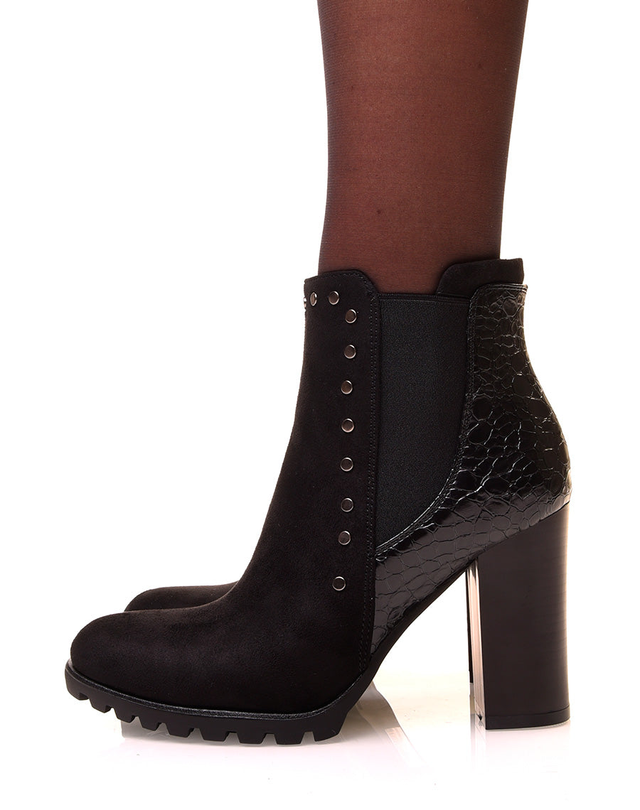 Bottines noires à talons bi-matières et à détails cloutés