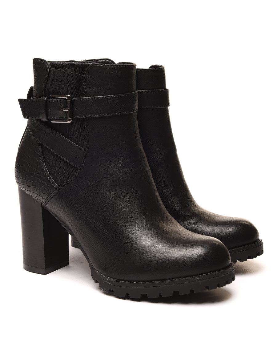 Bottines noires à talons bi matières à sangle décorative