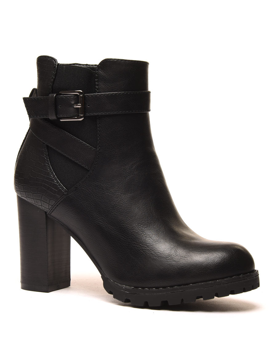 Bottines noires à talons bi matières à sangle décorative