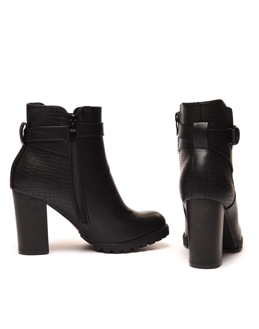 Bottines noires à talons bi matières à sangle décorative
