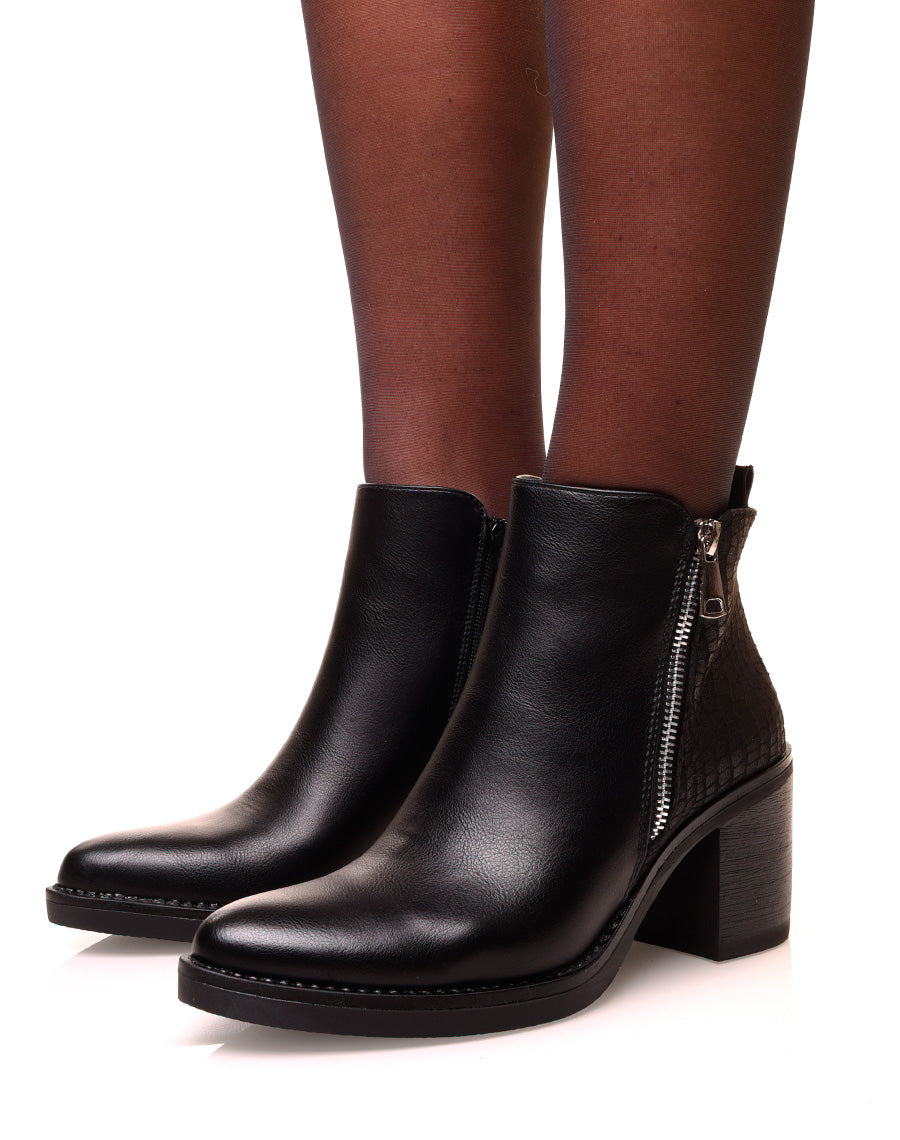 Bottines noires à talons bi-matières suédine