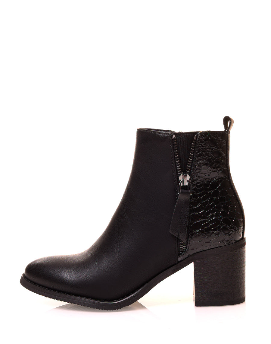 Bottines noires à talons carrés bi-matières effet croco