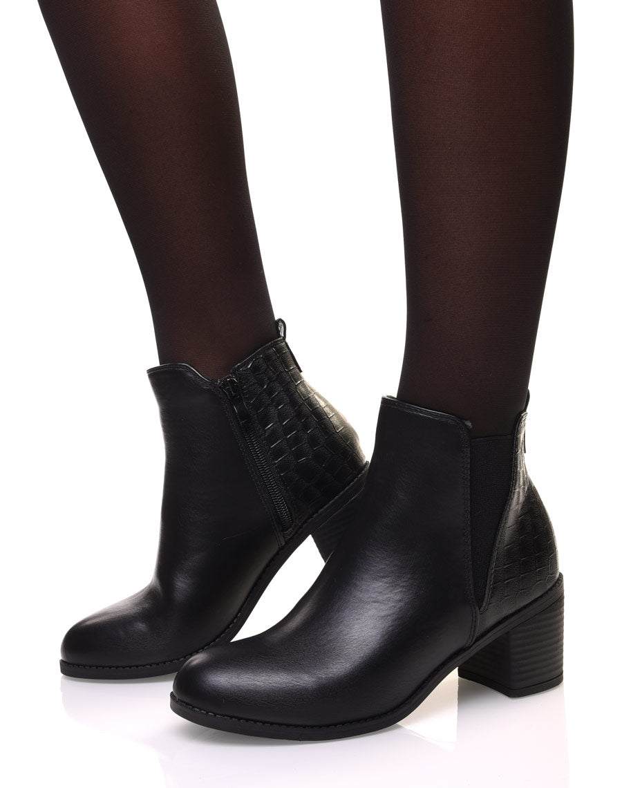Bottines noires à talons détail imprimé croco
