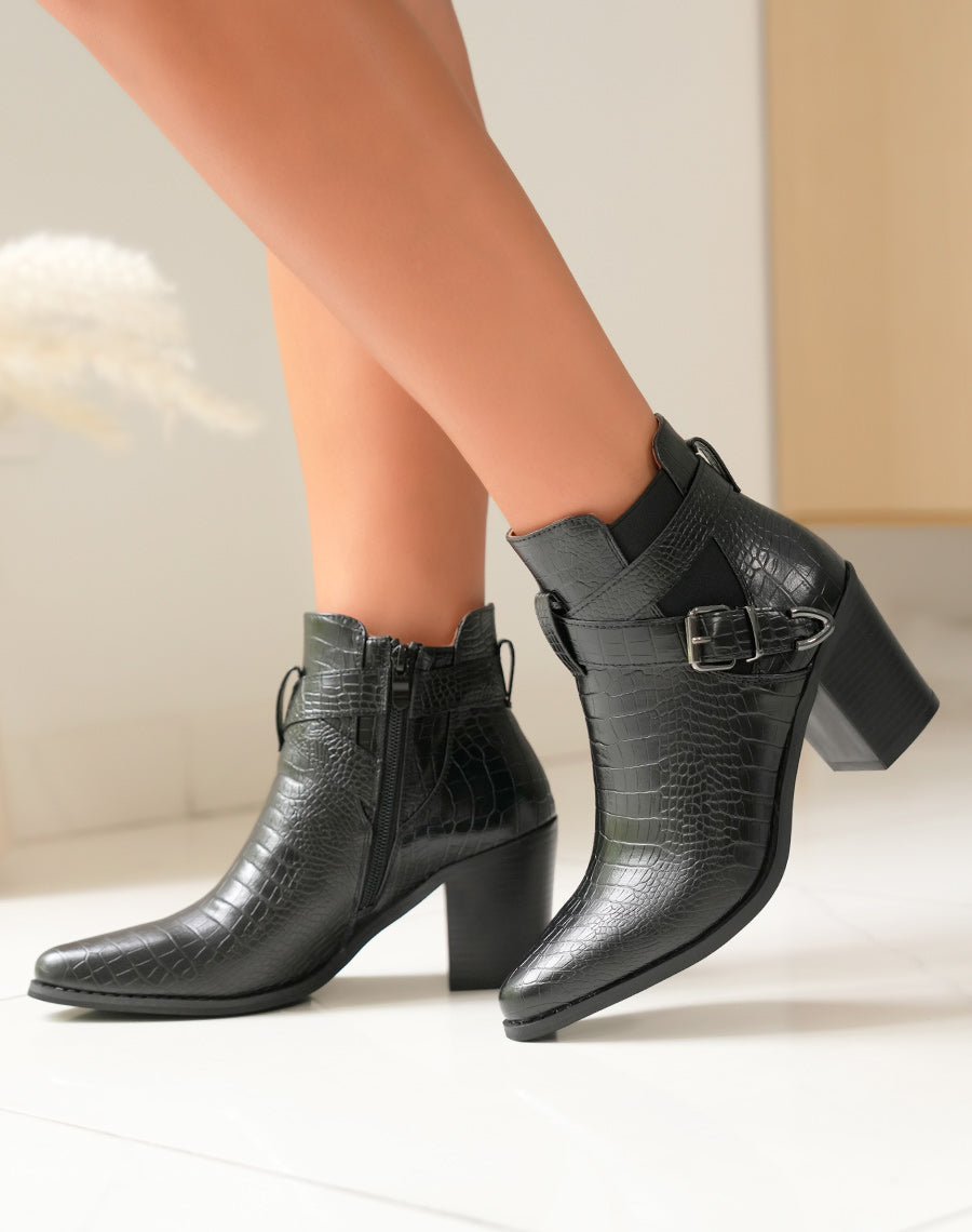 Bottines noires à talons effet croco