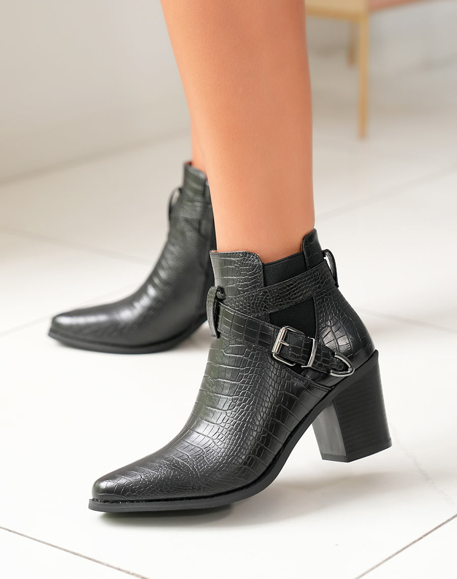 Bottines noires à talons effet croco