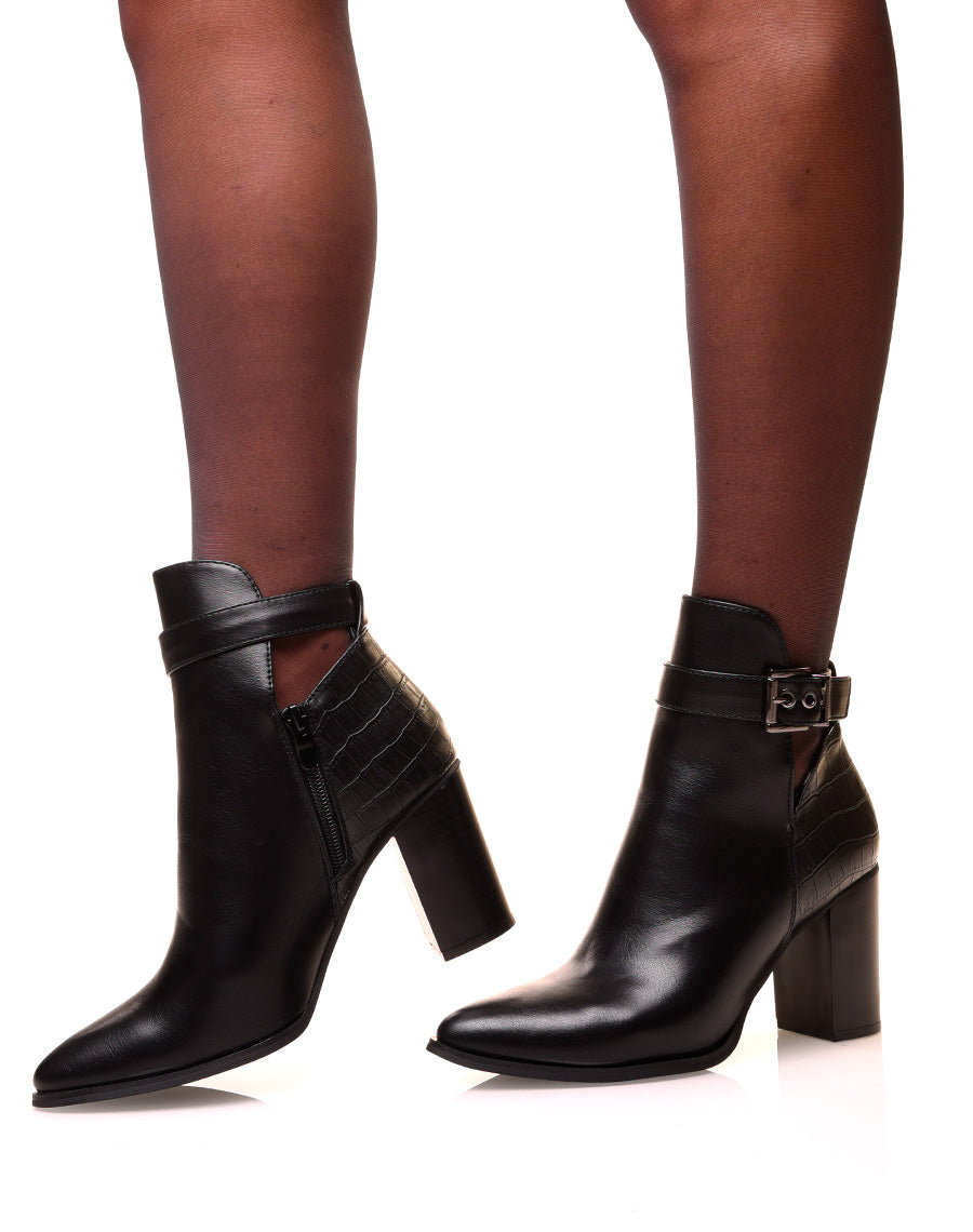 Bottines noires à talons et à bouts pointus bi-matières