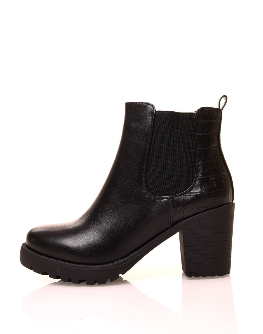 Bottines noires à talons mi-haut à effet croco
