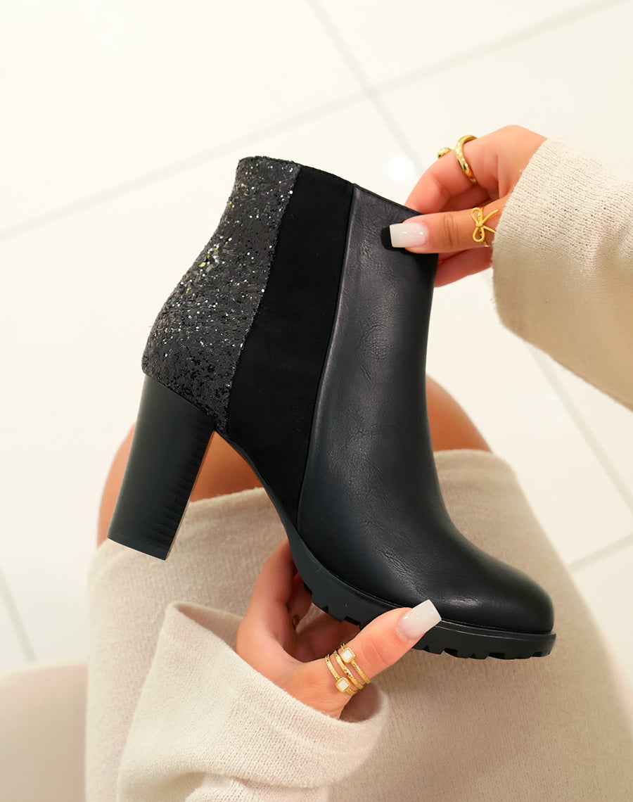 Bottines noires triple matière à paillettes et à talon