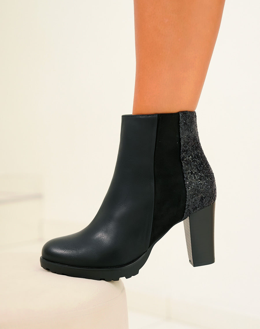 Bottines noires triple matière à paillettes et à talon