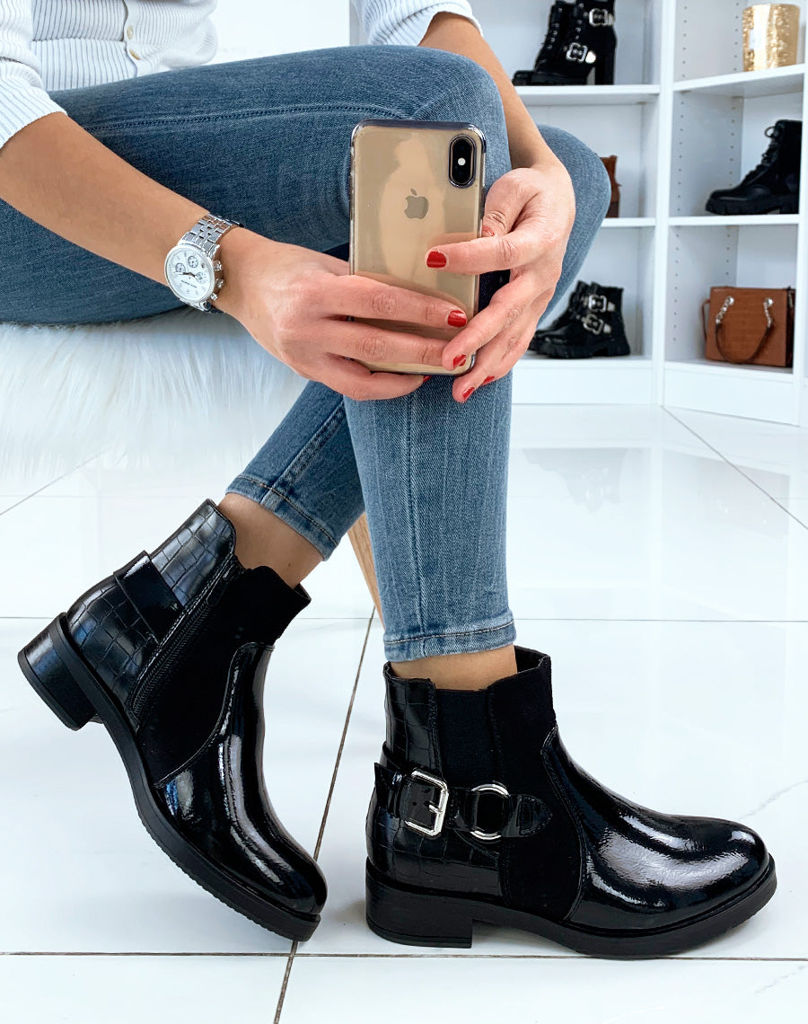 Bottines noires vernies à boucle et lanières