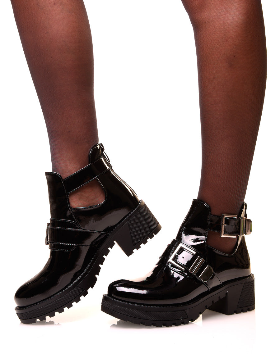 Bottines noires vernies à doubles brides