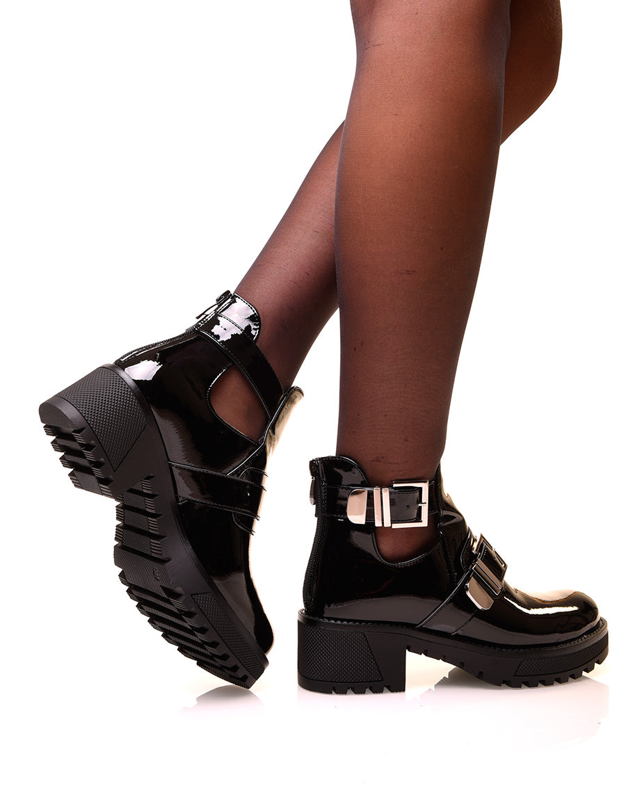 Bottines noires vernies à doubles brides