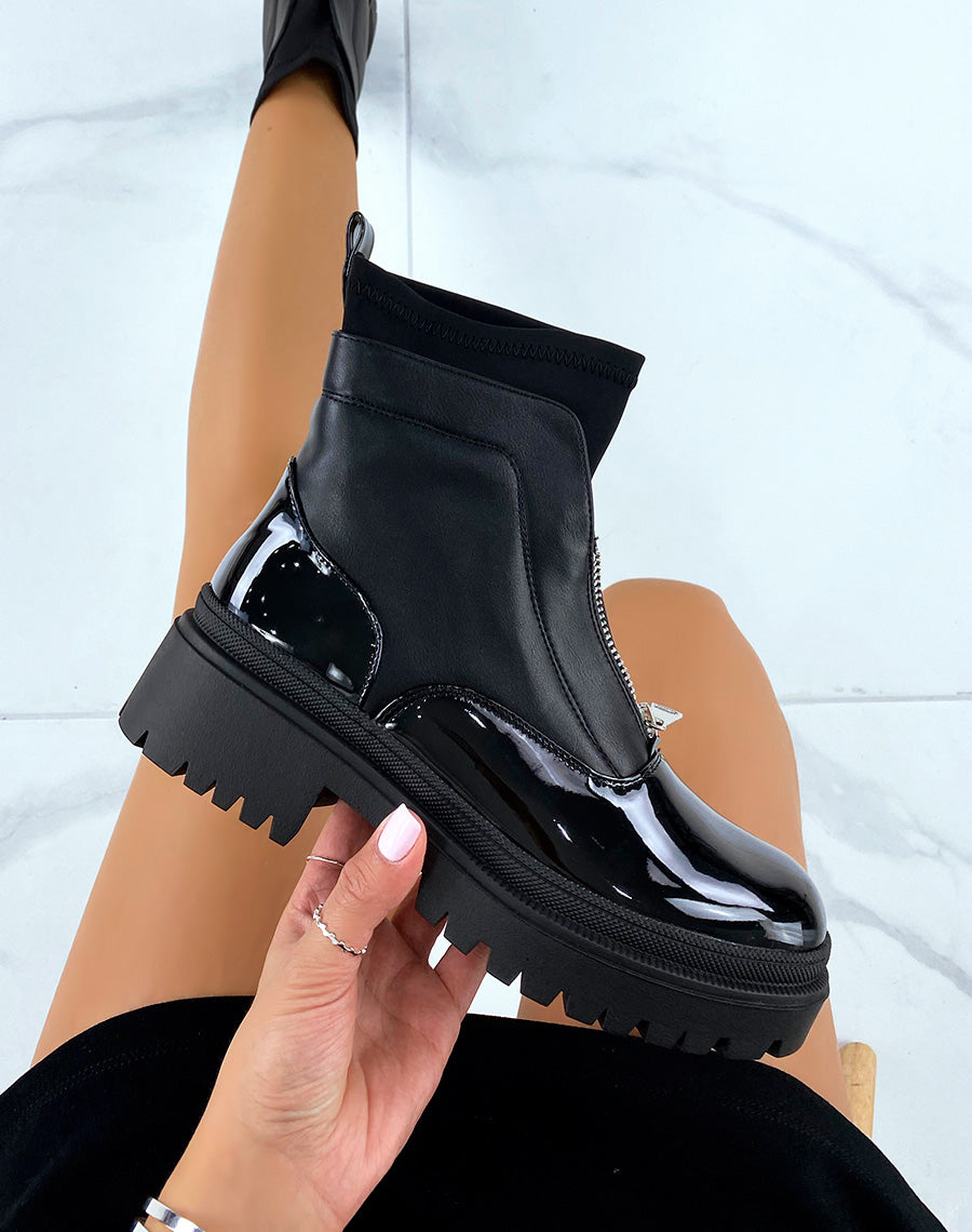 Bottines noires vernies effet chaussette zipées et talonnées