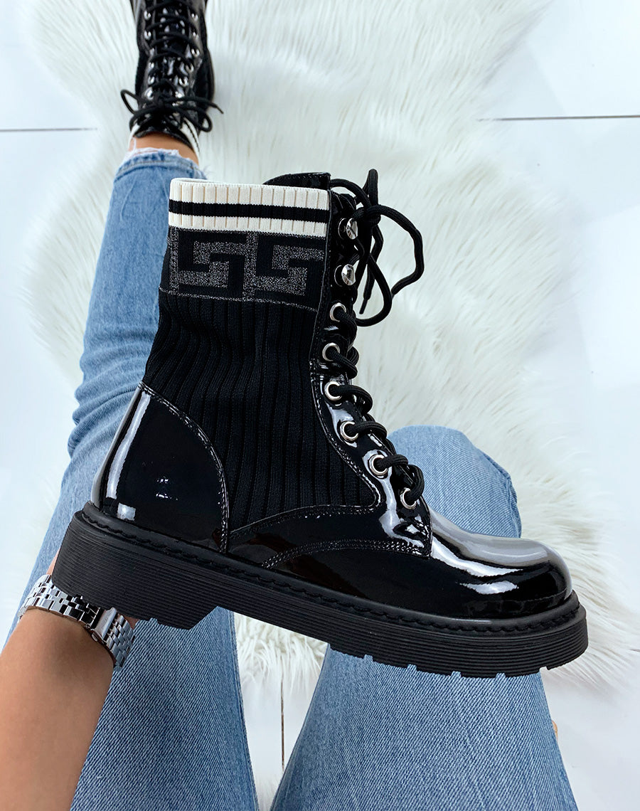 Bottines noires vernies effet chaussettes à imprimés aztèques