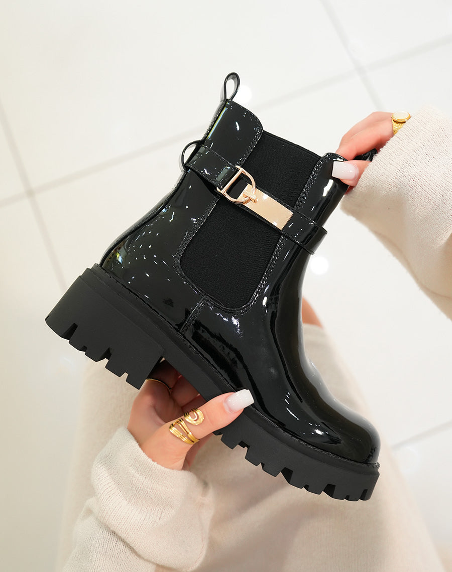 BOTTINES NOIRES VERNIES STYLE CHELSEA ? LANI?RES DOR?ES POUR FEMME