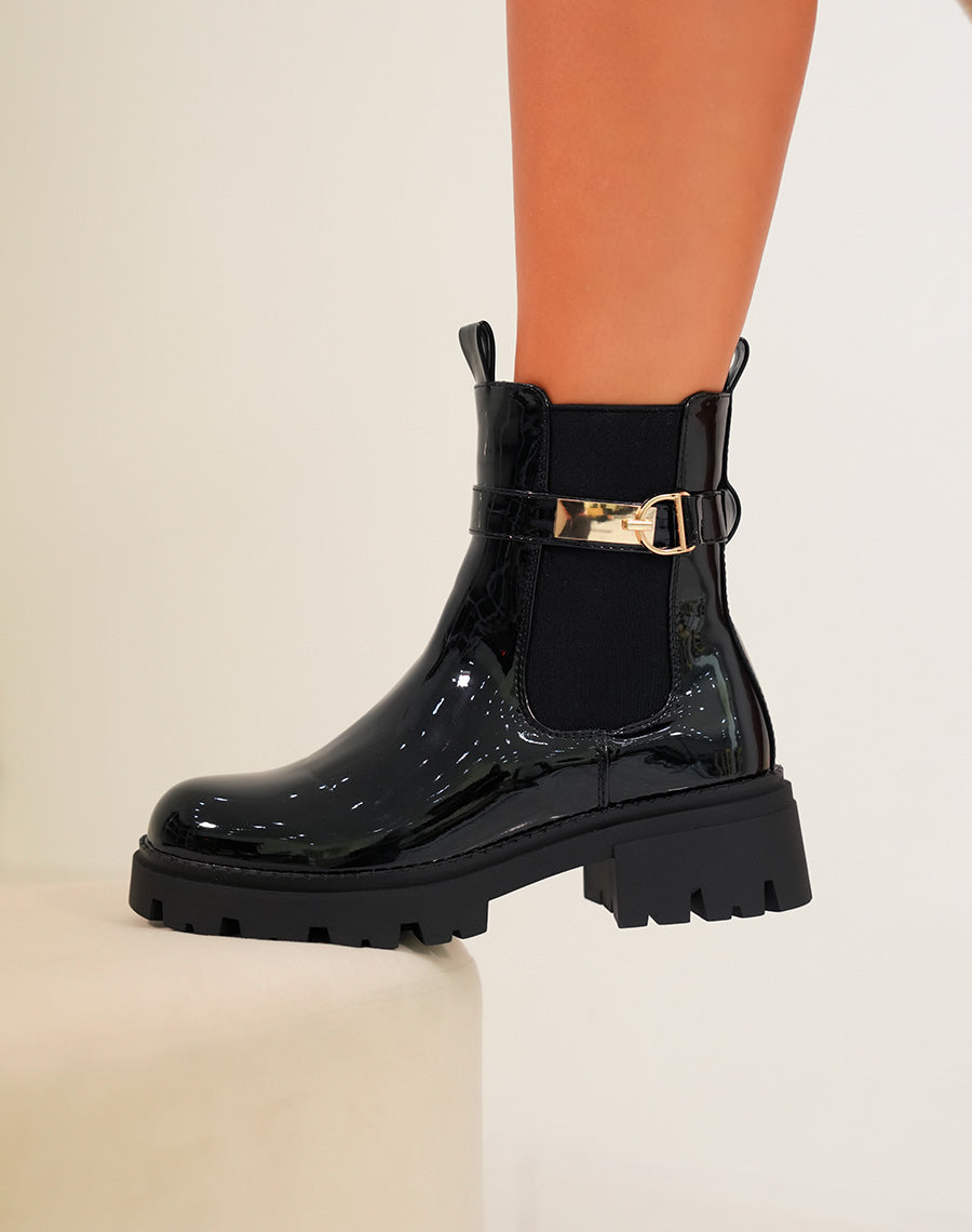 BOTTINES NOIRES VERNIES STYLE CHELSEA ? LANI?RES DOR?ES POUR FEMME