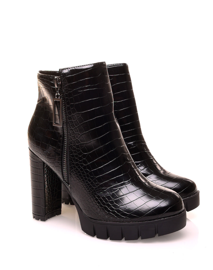 Bottines noires vernis effet croco à talon haut à zip décoratif