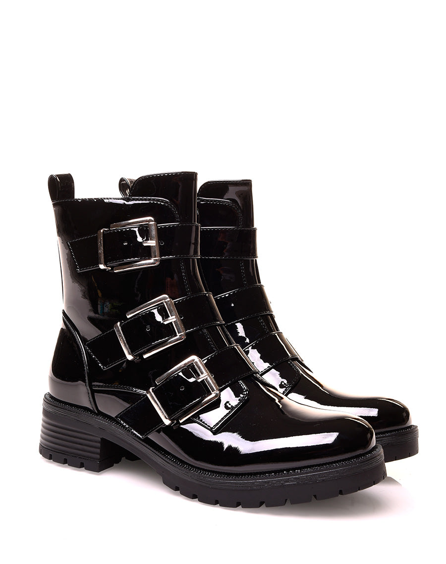 Bottines noires vernis noires à sangles