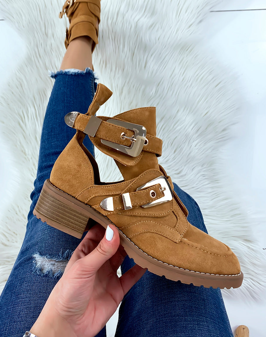Bottines ouvertes camel en suédine